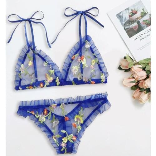 New Fashion Women Sexy Lingerie Set Blue Lace Embroidered Bra G-String Thong Suit Ladies Underwear Nightwear Set lencería sexy