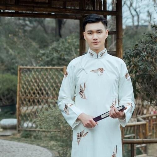 New ancient costume Chinese traditional Tang suit male cheongsam stand collar mens long robe cotton linen Embroidered gown
