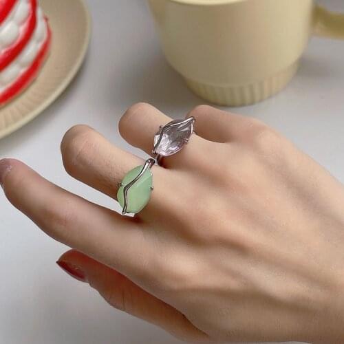 Origin Summer Simple Peach Flower Petals Ring for Women Pink Green Gemstone Open Adjustable Metallic Index Finger Ring Jewellery
