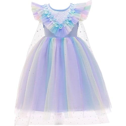 Cosplay Ice and Snow 2 elsa Princess Dress Sequin Childrens Dress Color Flying Sleeve Puffy Tulle dress Cape snow queen 2