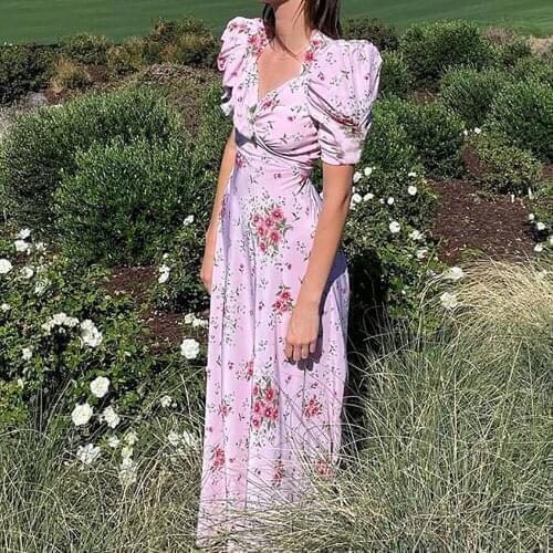 Summer Sexy Long Women Dress Floral Print V Neck Club Dress Prairie Chic Female Puff Sleeve Ladies Split Party Dress Vestidos