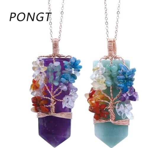 PONGT Natural Stone Tree Of Life Pendant Reiki 7 Chakra Quartz Crystal Necklace Wire Wrapped Sword Shape Pendant Jewelry
