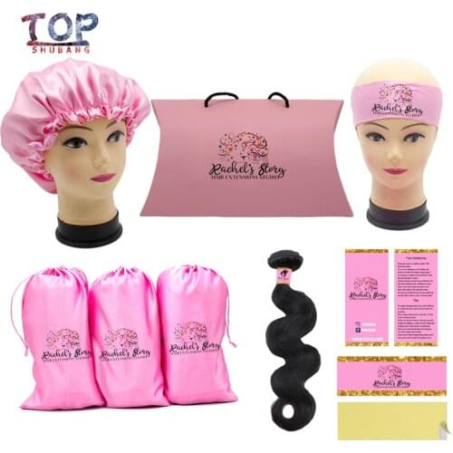 Custom Logo Virgin Hair Bundle Packaging Satin Bags/ Hang Tag / Sticker Hair Bundle Wraps/Bonnets/Headband