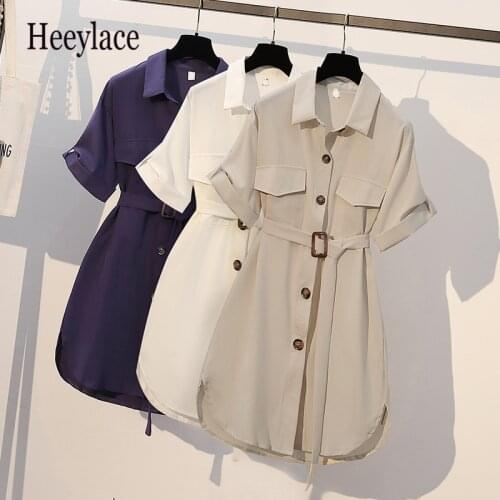 Plus size office ladies chiffon solid dresses women korean short sleeve turn down collar high waist elegant midi vestidos 4XL