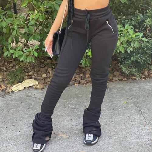 Plus Size Drawstring High Waist Sweatpants Women Joggers Elastic Sporty Ruched Stacked Pants Ladies Trousers with Zip Pockets