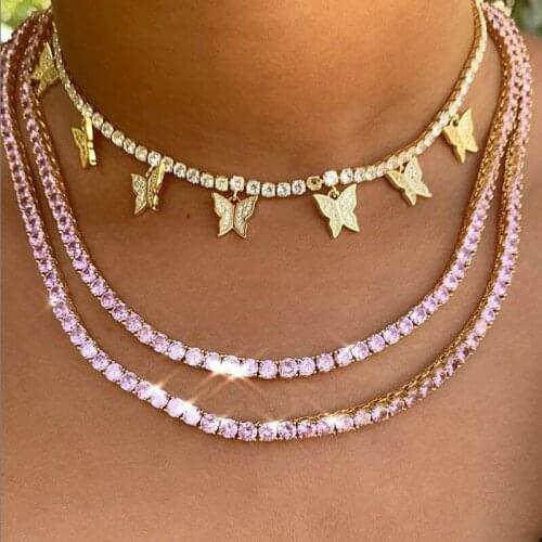 PINK 5mm Cz Tennis Chain Bling Bling Iced Out Full pinky cubic zircoina bracelet Fashion women HipHop rock cool Jewelry set