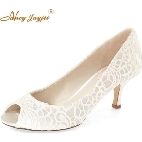 Ivory Lace Embroider Flowers Brand Designer Bride Shoes Women Pumps Wedding Peep Toe Dentelle Sexy Low Heel Size 10 Nancyjayjii