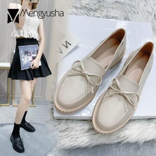 College Girls bow-knot oxford shoes for women flats round toe small leather shoes woman solid slip on thick heels loafers 40/41