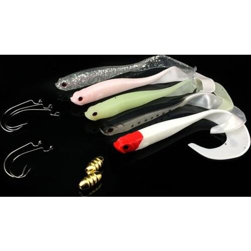WALK FISH 12PCS/Lot Long Tail Luminous Soft Fishing Lure Swimbait Crank Hook Suit Abdomen Open Soft Swim Bait with Bullet Copper