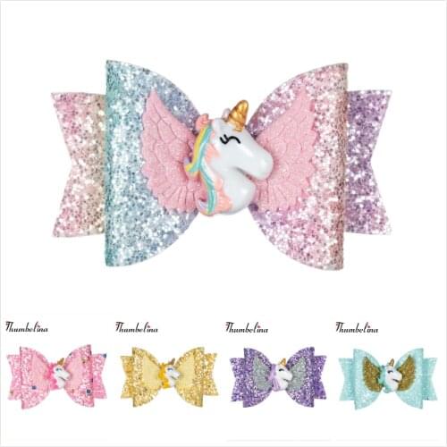 Thumbelina 3.5inch Unicorn with Wings Hairgrips Glitter Hair Bows with Clip Dance Party Bow Hair Clip Girls Hair Accessories