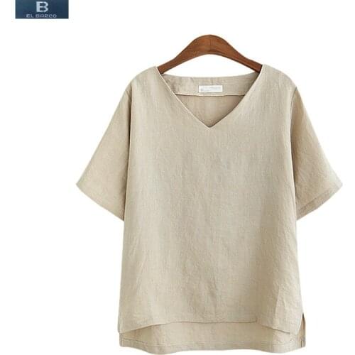 [EL BARCO] 2017 New Hot Cotton Linen V-Neck Women Chiffon Blouse Shirts Summer Short Sleeve White Khaki Casual Top Plus Size 3XL