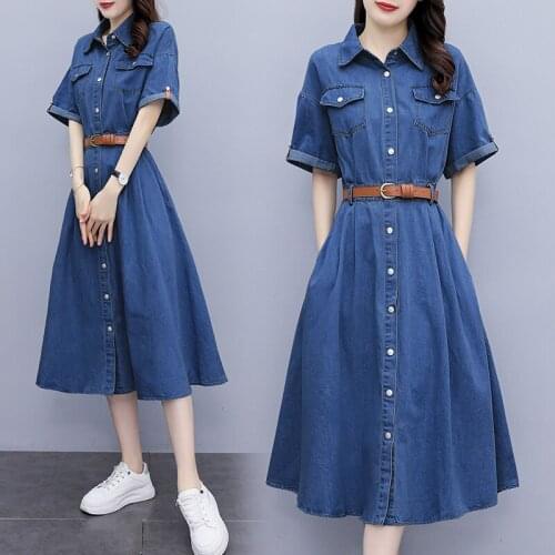Womens loose shirt denim plus size dress L-4XL XXXL 3XL XXXXL Jeans summer belt blouses blusas slim Casual dress for 100KG woman