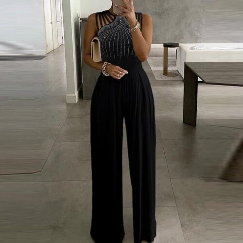 Women Diamonds Patchwork Chic Jumpsuit Summer Hollow Out Sleeveless Office Lady Rompers Spring Ruched Wide Leg Beach Overalls