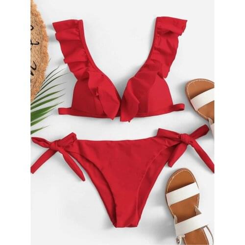 Bikini Brazilian Mujer 2020 Summer Ruffle Swimwear Women Red White Black Push Up Pads Sexy Swimsuit Bandage Two Piece Swim Wear