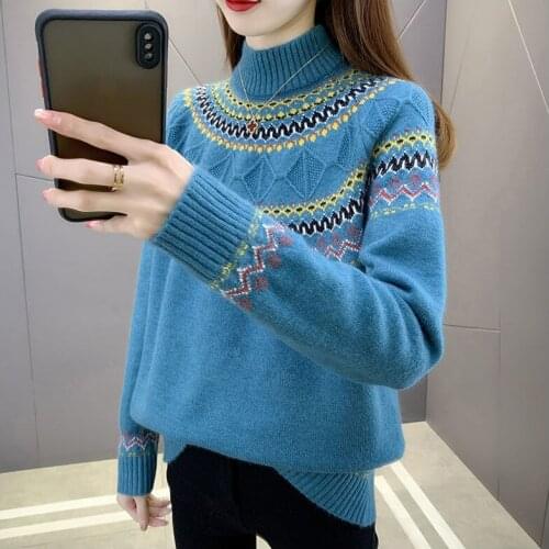 Sweater Womens 2021 Autumn And Winter New Loose With Half High Collar Pullover Women Jacquard Long Sleeve Base Coat Jumper