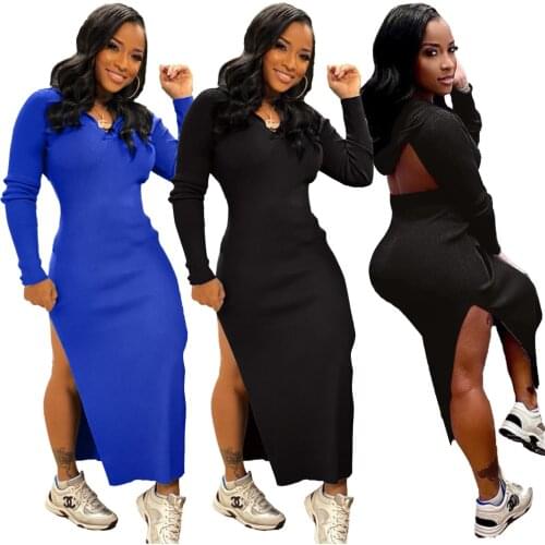 Sexy Backless Knitted Rib Long Women Dress Casual Hollow Out Streetwear Long Sleeve Hooded High Slit Slim Dress Robe Lounge
