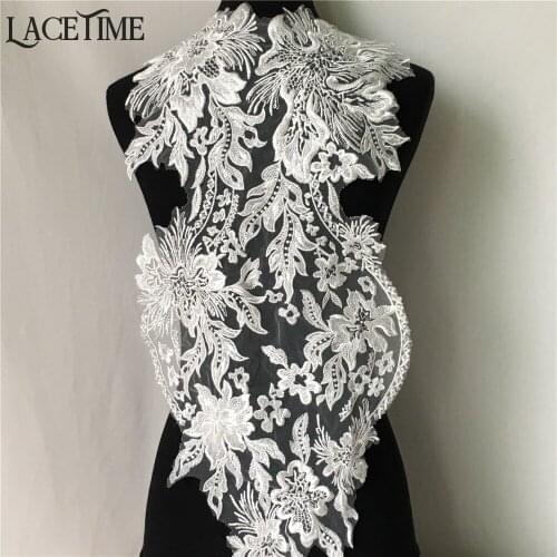 1 Piece Ivory New Fashion Sequins Lace Applique Flower Sewing Trims Wedding Decoration 64*29cm Lace Trim Dress DIY Accessories