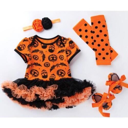 New Baby girls pumpkin rompers jumpsuits lace tutu toddler shoes leg warmer and headbands 4 pcs clothing sets Halloween Kid gift