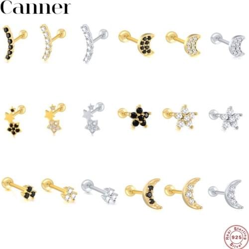 Canner Real 925 Sterling Silver Stud Earring Helix Heart Star Moon Piercing Earrings For Women Fine Jewelry Cartilage Aretes 1PC