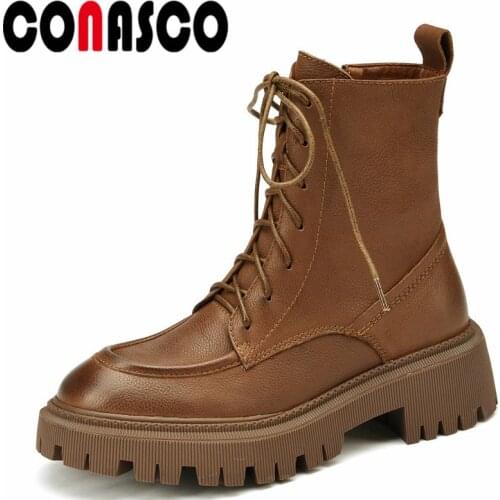 CONASCO Fashion Punk Women Ankle Boots Autumn Winter Warm Cow Leather Causal Basic Prom Office Lady Boots Motorcycle Shoes Woman