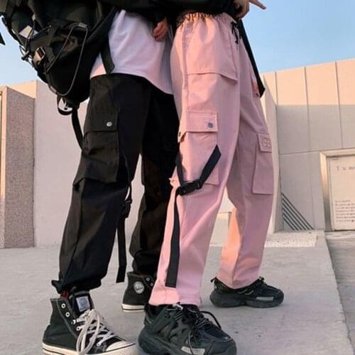 Streetwear Womens Cargo Pants Embroidery Harajuku BF Big Pockets Harem Pants Drawstring Loose High Waist Dance Casual Trousers