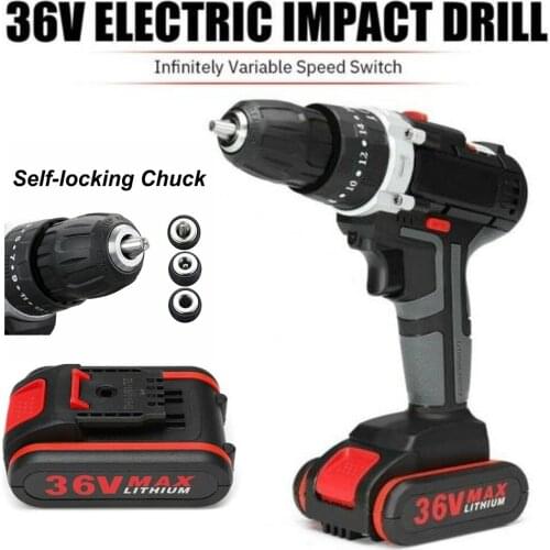 Tools 36V Electric Impact Drill 25+3 Torque Stage Cordless Drill Wrench Wireless Electric Drill Set with LED 2 Speeds +Battery