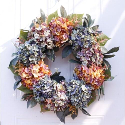 56CM Artificial Autumn Purple Hydrangea Wreath Natural Rattan Garlands Wedding Wall Decoration Backdrop Home Door Decor