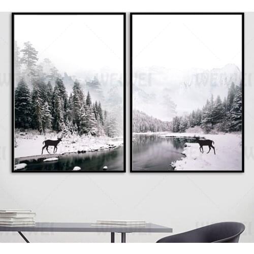 The Forest In The Mist The Snowy Field Covered By White Snow Home Decoration Paintings Deer On Both Sides of The River Poster