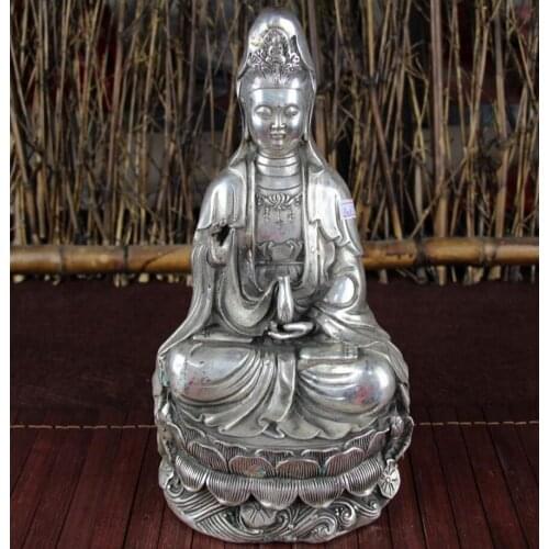 Copper Statue White copper gilding silver study home furnishings Crafts 29cm high Guanyin