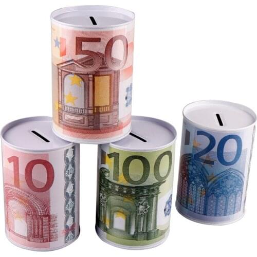 1PCs Creative Metal Tinplate Cylinder Piggy Bank Euro Dollar Picture Box Household Saving Money Box Home Decoration Money Boxes