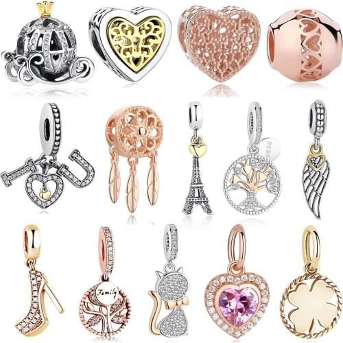 Fashion Rose Gold Tree Feather Heart Bead Charms Fit Original Bracelet 925 Sterling Silver Charm Bead Women DIY Jewelry