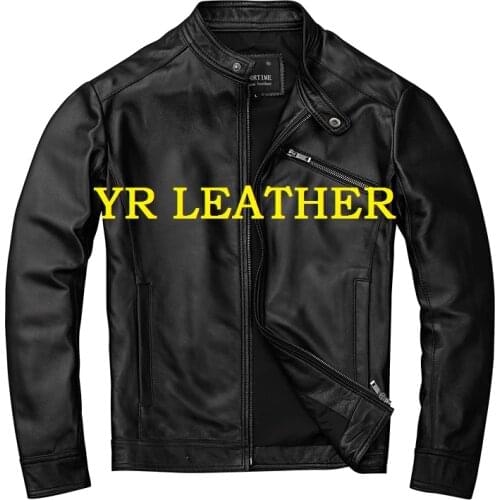 YR!Free shipping.Wholesales.Brand moto biker style genuine leather jacket for man.sheepskin coat.black slim leather clothes