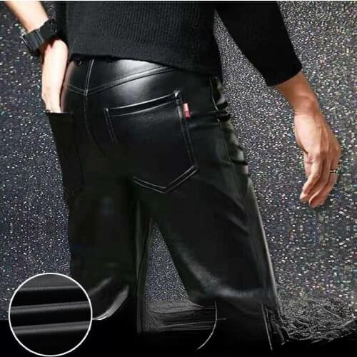 Mens Leather Pants Slim Fit PU Leather Pants Elastic Single Layer Motorcycle Leather Pants Man Waterproof Oil-Proof Young