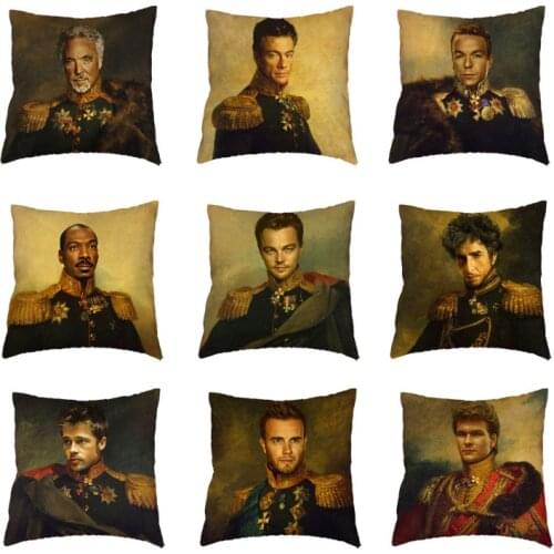 White Cushion Cover Celebrities Oil Painting Army Generals Leonardo Polyester Peach Skin Home Decor Car Seat Pillowcases 45x45cm