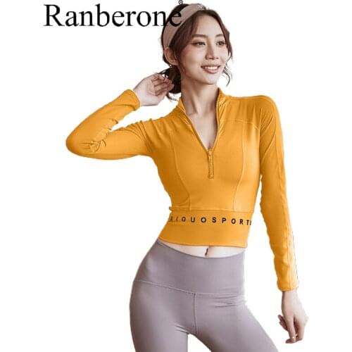 Ranberone New Female T-shirt Long Sleeve Seamless Yoga Top Solid Zipper Crop Tops Letter Gym Fitness Sportswear Wive Shirt 2021
