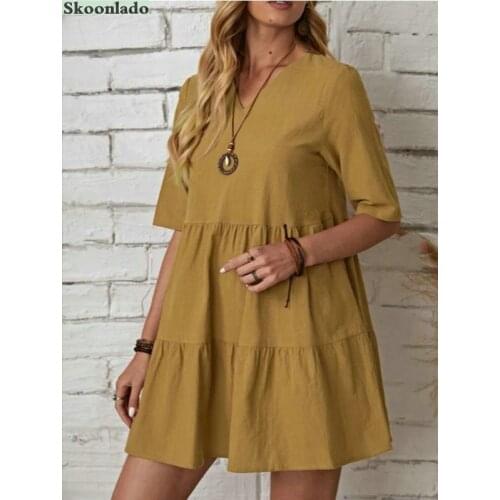 Newest Women short Sleeve dresses cotton linen Solid summer lady dress oversea original design hot sale millions lady linen dres