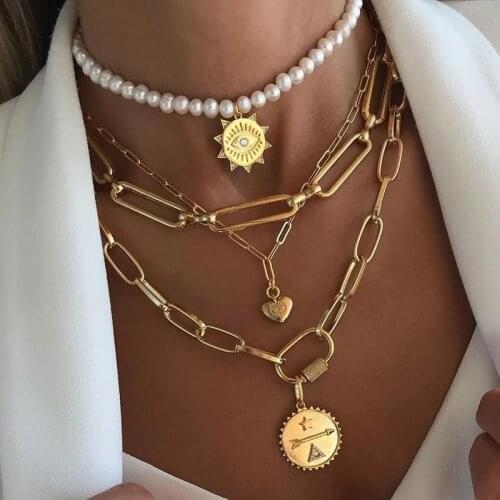 Popular womens necklaces with fashion all-match metal necklaces creative coin pendants multi-layered clavicle chain wholesale