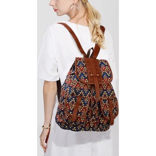 Vintage Print Canvas Ethnic Backpack for Women Girls School Student Backpacks Drawstring Bohemia Travel Rucksack