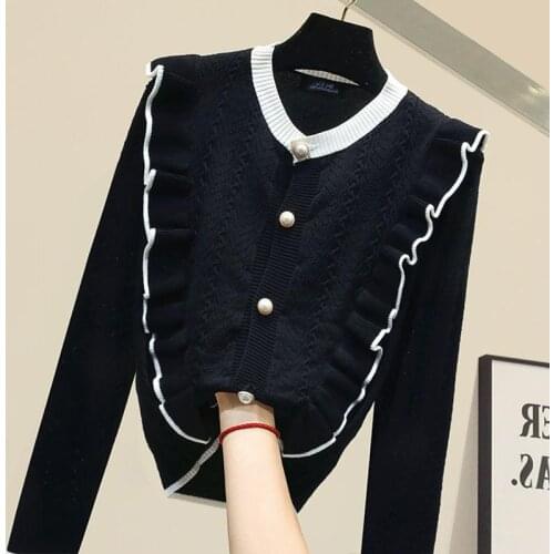 Small Fragrance Small Fresh Knitted Cardigan Ear Edge Round Neck Slim Loose Long Sleeve Top