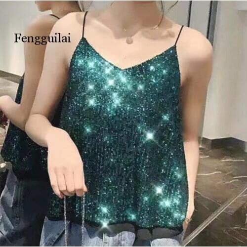 Sexy Sequins Camisole Top Girls V-neck Fashion Sequined Tanks Tops With Linning For Woman Summer
