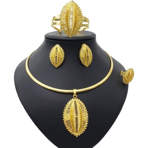 Yulaili Top Quality African Wedding Gold-color Necklace Earrings Bracelet Ring Ethiopia Jewelry Sets Wholesale Free Shipping