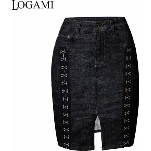 LOGAMI High Waist Rivet Wrap Skirt Woman Mini Denim Skirts Womens Slim Skirt Black Blue