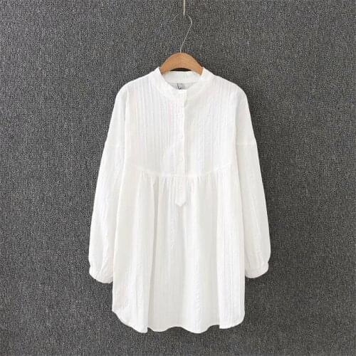 Plus size mandarin collar long sleeve loose blouses women 2021 solid white Jacquard cotton shirt Spring & autumn ladies tops 4XL