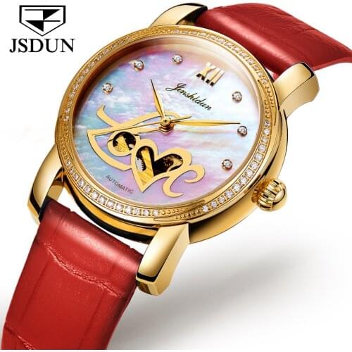 JSDUN Woman Watch Female Mechanical Skeleton Wristwatch Fashion Red Genuine Leather Casual Stylish Lady Gift Automatic Watches