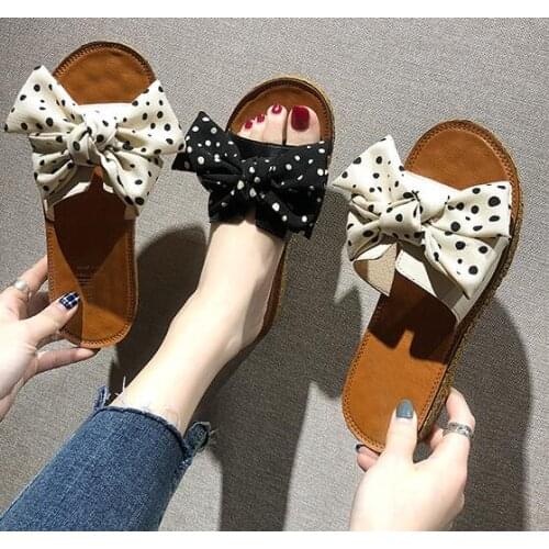 Female flats Slippers New Womens slippers Bow PU material Antiskid sole Comfortable and trendy black white 2cm Low heel shoeff