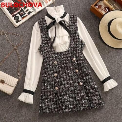 S-XXL 2021 Autumn Overalls Dress Suits Women Bow Ruffles Chiffon Shirt Tops Double Breasted Plaid Tweed Vest Dress 2 Pieces Sets