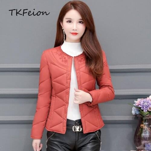 Women Winter Coat Warm Duck Down Filler 2021 Female Autumn Jacket O-Neck Fashion Embroidery Ladies Slim Jacket 4XL Stretch Waist