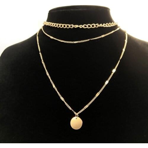 Gold Color Alloy Multilayer Link Chain Necklace for Women Retro Round Pendant Necklace Aesthetic Goth Collar Party Jewelry Gift