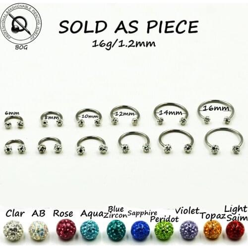 1Pc Crystal Ferido Balls Circular Barbell Horseshoe CBB Septum Rings Nose Lip Labret Tragus Body Piercing Jewelry Earring 16g