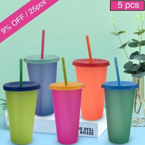 [5 piece set ] color cup Color Changing Cup Coffee Cup cold drink juice and portable Straw Cup Colorful Cute Net Red See through